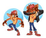  2020 activision anthro bandicoot bottomwear clothed clothing crash_bandicoot crash_bandicoot_(series) denim denim_clothing eclipsewolf eyebrows eyewear fingerless_gloves footwear fur gloves green_eyes handwear head_tuft jacket jeans looking_aside male mammal marsupial open_clothing open_jacket open_mouth open_topwear orange_body orange_fur pants pointy_nose raised_eyebrows shoes simple_background smile sneakers solo standing sunglasses teeth tongue tongue_out topless topwear tuft video_games 