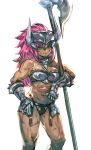  1girl abs armor big_hair bikini_armor boobplate bow_(bhp) contrapposto dark_skin dark_skinned_female facial_mark gauntlets grin hand_on_hip holding holding_weapon long_hair looking_at_viewer navel original pink_hair poleaxe ponytail scar sharp_teeth simple_background smile solo standing teeth weapon white_background yellow_eyes 
