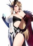  1girl armpits bare_shoulders black_gloves black_mask blonde_hair breasts cleavage genshin_impact gloves highres large_breasts long_hair looking_at_viewer mature navel signature signora simple_background smile solo white_background xtermination 