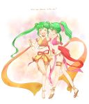  2girls barefoot dancer double_bun earrings fire_emblem fire_emblem:_genealogy_of_the_holy_war fire_emblem_heroes green_eyes green_hair hair_ribbon hira_(otemoto84) jewelry lene_(fire_emblem) long_hair mother_and_daughter multiple_girls necklace ponytail ribbon sandals silvia_(fire_emblem) skirt thigh_strap tied_hair 