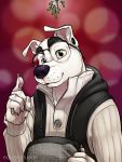  2019 3:4 animal_crossing anthro black_nose canid canine canis claws clothing domestic_dog ear_piercing eclipsewolf eyewear flat_cap floppy_ears fur gauged_ear gesture glasses hat headgear headwear hi_res holding_object hoodie hoodie_vest k.k._slider looking_at_viewer male mammal mistletoe nintendo pawpads piercing plant pointing pointing_up signature smile solo sweater topwear video_games white_body white_fur 