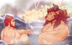  2boys abs animal_ears bara beard commission completely_nude cow_boy cow_ears cow_horns cup ep06 facial_hair fate/grand_order fate/zero fate_(series) furry highres horns iskandar_(fate) leg_up looking_at_viewer male_focus minotaur monster_boy multiple_boys muscle nipples nude onsen original partially_submerged pectorals red_eyes red_hair sakazuki scar scar_across_eye second-party_source short_hair smile thick_thighs thighs 