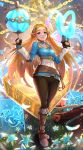  1girl bokoblin bomb boots chain cryokinesis explosion glowing gonzarez highres hyrule_warriors hyrule_warriors:_age_of_calamity ice long_hair looking_at_viewer lynel magnet moblin monster parted_lips pointy_ears princess_zelda sheikah_slate smile standing stasis_(zelda) the_legend_of_zelda the_legend_of_zelda:_breath_of_the_wild 
