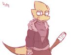  4:3 alphys anthro baseball_bat bat_(object) blush bottomwear breasts clothed clothing cursive english_text eyewear female fist front_view fully_clothed glasses hand_wraps hi_res holding_baseball_bat holding_melee_weapon holding_object holding_weapon hoodie lizard looking_at_viewer melee_weapon monse_p90 neck_wraps non-mammal_breasts pants portrait reptile scales scalie shirt signature simple_background solo standing sweatshirt text three-quarter_portrait three-quarter_view topwear undertale video_games weapon wraps yellow_body yellow_scales 