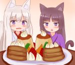  2girls :&lt; absurdres animal_ear_fluff animal_ears bangs black_hair blush cat_ears cat_girl cat_tail commentary_request drooling eyebrows_visible_through_hair food fox_ears fox_girl fox_tail fruit hair_between_eyes highres iroha_(iroha_matsurika) japanese_clothes kimono long_hair mouth_drool multiple_girls open_mouth original pancake plate pudding purple_eyes purple_kimono silver_hair stack_of_pancakes strawberry tail tail_raised triangle_mouth whipped_cream white_kimono 