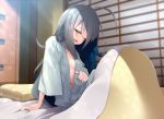  1girl ahoge alternate_hairstyle bangs blue_hair blush breasts eyebrows_visible_through_hair futon grey_eyes grey_hair hair_down indoors kantai_collection kiyoshimo_(kantai_collection) long_hair mofu_namako multicolored_hair one_eye_closed open_clothes open_mouth pajamas pillow sitting small_breasts solo two-tone_hair waking_up wide_sleeves 