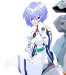  1girl ayanami_rei blue_hair bodysuit breasts cockpit derivative_work eyebrows_visible_through_hair hair_between_eyes highres interface_headset looking_at_viewer nemui_(nemuii0219) neon_genesis_evangelion open_mouth pilot_suit plugsuit red_eyes short_hair sitting skin_tight small_breasts solo white_background 