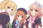  3girls :&lt; :o ahoge bangs beret black_coat black_headwear blonde_hair blue_bow blue_eyes blush bow braid brown_hair chieru_(princess_connect!) chloe_(princess_connect!) closed_mouth coat collared_shirt commentary_request eyebrows_visible_through_hair grey_shirt hair_between_eyes hair_bow hair_ornament hair_over_shoulder hairband hat hood hood_down hooded_coat long_hair looking_at_viewer mauve multiple_girls open_mouth pink_bow pink_hair pink_hairband princess_connect! princess_connect!_re:dive purple_eyes shirt short_sleeves simple_background star_(symbol) star_hair_ornament star_in_eye symbol_in_eye twin_braids twintails upper_body v-shaped_eyebrows white_background white_shirt yuni_(princess_connect!) 