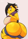  absurd_res anthro behniis big_breasts big_butt breasts butt clothed clothing female hi_res huge_butt looking_back raised_clothing raised_shirt solo yellow_body 