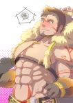  1boy 1other abs animal_hood assisted_exposure bara bare_pecs brown_hair chest_harness facial_hair fang forked_eyebrows goatee gullinbursti_(tokyo_houkago_summoners) harness hood katoributa_a male_focus muscle navel nipples pectorals revealing_clothes short_hair sideburns solo tokyo_houkago_summoners undressing_another upper_body 