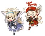  &gt;_&lt; 1other 2girls ahoge animal_ears arknights blonde_hair check_commentary closed_eyes commentary_request crossover english_text fleeing fox_ears fox_tail genshin_impact hat highres kitsune klee_(genshin_impact) korean_commentary multiple_girls multiple_tails originium_slug_(arknights) pointy_ears ran_system running suzuran_(arknights) tail 