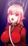  1girl absurdres bangs braid breasts eyebrows_visible_through_hair fate/grand_order fate_(series) florence_nightingale_(fate/grand_order) gloves halo highres large_breasts long_hair looking_at_viewer military military_uniform nickfluff open_mouth pink_hair red_eyes simple_background solo strap teeth tongue tongue_out uniform 