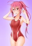  1girl ahoge alternate_costume anti_(untea9) bare_shoulders breasts competition_swimsuit cowboy_shot gradient gradient_background hair_between_eyes hair_ribbon highres i-168_(kantai_collection) kantai_collection long_hair medium_breasts one-piece_swimsuit pink_hair ponytail purple_background red_eyes red_swimsuit ribbon simple_background solo swimsuit white_ribbon 