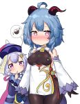  2girls ? @_@ ahoge bailingxiao_jiu blue_hair blush breasts coconut finger_to_mouth ganyu_(genshin_impact) genshin_impact goat_horns half-closed_eyes highres horns jiangshi lactation lactation_through_clothes milk multiple_girls purple_eyes qiqi sweatdrop thought_bubble 