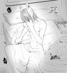  bed bedding big_ears blanket bodily_fluids book crying english_text furniture grimart hair hand_on_face holding_object humanoid male monochrome nude pillow sad sitting_on_bed sketch solo tears text 