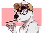  2020 4:3 animal_crossing anthro black_nose bust_portrait canid canine canis claws clothing domestic_dog ear_piercing eclipsewolf eyewear flat_cap floppy_ears food fur gauged_ear glasses hat headgear headwear jewelry k.k._slider looking_at_viewer male mammal necklace nintendo one_eye_closed pawpads piercing pocky portrait shirt simple_background solo tank_top topwear video_games watermark white_body white_fur 