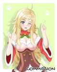  1girl ahoge alternate_costume blonde_hair blue_eyes breasts christmas cleavage commission cosplay fire_emblem fire_emblem_fates fire_emblem_heroes highres lissa_(fire_emblem) lissa_(fire_emblem)_(cosplay) looking_at_viewer medium_breasts one_eye_closed open_mouth ophelia_(fire_emblem) pluv_hill upper_body 
