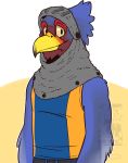  2020 accipitrid accipitriform animal_crossing anthro avian beak belt bird blue_body blue_feathers cloth clothing eagle eclipsewolf eyebrows feathers half-length_portrait headwrap looking_at_viewer male nintendo portrait raised_eyebrows shirt simple_background solo standing sterling_(animal_crossing) topwear video_games watermark yellow_beak 