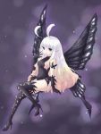 1girl anne_(bravely_second) antenna_hair black_gloves black_legwear black_leotard blue_eyes boots bravely_default_(series) bravely_second:_end_layer butterfly_wings commentary_request elbow_gloves fairy full_body gloves hand_to_own_mouth high_heels leotard long_hair open_mouth pointy_ears silver_hair smile solo thigh_boots thighhighs thighs wings yuki56 