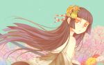  1girl bangs black_hair blue_sky blunt_bangs breasts bright_pupils cherry_blossoms day enma_ai floating_hair flower from_behind from_side hair_flower hair_ornament hime_cut jigoku_shoujo long_hair looking_at_viewer looking_to_the_side madcocoon nipples off-shoulder_kimono outdoors parted_lips red_eyes sky small_breasts solo tree yellow_pupils 