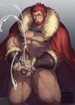  1boy abs bara bare_pecs beard blush body_hair bracer cape chest_hair cowboy_shot cum ejaculation facial_hair fate/grand_order fate/zero fate_(series) fur-trimmed_cape fur_trim hairy highres iskandar_(fate) male_focus male_masturbation masturbation muscle naked_cape nipples nude one_eye_closed pectorals penis projectile_cum red_eyes red_hair short_hair solo testicle_grab thick_thighs thighs uncensored xiawenjie 