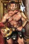  1boy abs bare_pecs beard billy_herrington bracer brown_eyes brown_hair chanta_(ayatakaoisii) chest_harness chest_strap closed_mouth conquered_(movie) contrapposto cowboy_shot facial_hair faulds gachimuchi gladiator harness helmet highres holding holding_helmet looking_at_viewer male_focus manly muscle nipples pectorals poleaxe single_bare_shoulder sketch skindentation solo standing thighs 