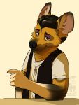  2020 3:4 african_wild_dog animal_crossing anthro black_nose canid canine claws clothing eclipsewolf eyebrows fur gesture greaser half-length_portrait hi_res jewelry kyle_(animal_crossing) leaning looking_at_viewer male mammal necklace nintendo pointing portrait raised_eyebrows red_eyes shirt smile solo spots topwear unbuttoned vest video_games watermark yellow_body yellow_fur 