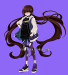  1girl bangs black_shirt blush criis-chan danganronpa full_body hair_ornament hairclip hand_on_hip harukawa_maki holding holding_phone hood hooded_jacket jacket jewelry long_hair long_sleeves looking_at_viewer low_twintails mole nasa_logo new_danganronpa_v3 open_clothes phone purple_background purple_scrunchie raglan_sleeves red_eyes scrunchie shirt shoes sneakers solo space_print star_(symbol) star_hair_ornament starry_sky_print symbol_commentary torn_clothes torn_legwear twintails twitter_username very_long_hair 