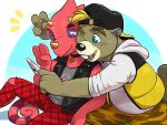  2020 4:3 animal_crossing anthro backwards_cap beaver big_tail black_nose blue_eyes bottomwear brown_body brown_skin buckteeth c.j._(animal_crossing) cellphone choker clothed clothing duo eclipsewolf embrace flick_(animal_crossing) freckles gesture hat head_tuft headgear headwear hi_res hoodie horn jewelry kneeling lizard long_tail looking_down male mammal necklace nintendo one_eye_closed open_mouth pants phone purple_eyes red_body red_skin reptile rodent rolled_up_sleeves scalie shirt shorts simple_background sitting smartphone smile teeth tongue topwear tuft v_sign vest video_games waving wink 