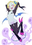  1girl :d arms_up blonde_hair blue_skin claws flat_chest ghost groin looking_at_viewer monster_girl navel open_mouth original pink_eyes pointy_ears ponytail simple_background smile solo solopipb tail teeth white_background wings 