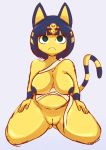  animal_crossing ankha_(animal_crossing) anthro behniis blue_hair breasts butt_from_the_front domestic_cat felid feline felis female genitals hair hi_res mammal mostly_nude nintendo pussy simple_background solo video_games yellow_body 