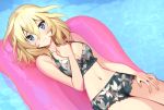  1girl bangs bikini bikini_shorts black_bikini black_shorts blush closed_mouth eyebrows_visible_through_hair floral_print girls_und_panzer hand_on_own_chest light_frown looking_at_viewer lying navel on_back oshida_(girls_und_panzer) pool print_shirt print_shorts shirt shorts solo swimsuit tan3charge 