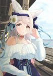  1girl animal_ear_fluff animal_ears arm_up bangs blue_skirt blue_sky blurry blurry_background breasts choker cloud daisy day eyebrows_visible_through_hair flower hair_flower hair_ornament hair_ribbon hand_in_hair highres indie_virtual_youtuber kurou_satsuki large_breasts light_particles long_hair looking_at_viewer mountainous_horizon off-shoulder_shirt off_shoulder outdoors pink_hair raglan_sleeves railroad_tracks red_choker ribbon road sena_(illust_sena) shirt skirt sky smile solo standing striped striped_skirt swept_bangs train_station train_station_platform underbust upper_body very_long_hair virtual_youtuber water white_shirt wolf_ears yellow_eyes 