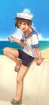  1boy absurdres beach blue_eyes blush brand_name_imitation brown_hair day eroemodoki flip-flops full_body hat highres male_focus male_swimwear ocean open_mouth original pocari_sweat sailor_collar sailor_hat sand sandals shochuumimai sky smile solo swim_briefs swimwear water 