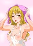  1girl after_bathing blonde_hair blush braid breasts covered_nipples drying drying_hair hand_up highres kirisame_marisa long_hair looking_at_viewer medium_breasts naked_shirt nipples one_eye_closed open_mouth pink_background shiraue_yuu shirt side_braid solo spaghetti_strap steam touhou towel towel_on_head upper_body wet yellow_eyes 