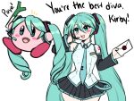  1girl aqua_hair blue_eyes blush_stickers commentary_request cosplay crossover detached_sleeves hatsune_miku hatsune_miku_(cosplay) hatsune_miku_(vocaloid3) highres holding jojobee kirby kirby_(series) long_hair looking_at_another necktie open_mouth simple_background skirt smash_invitation smile source_request twintails very_long_hair vocaloid 