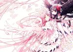  2girls absurdly_long_hair akemi_homura akuma_homura angel_wings arm_support ayumaru_(art_of_life) bare_shoulders black_feathers black_gloves black_hair black_wings chin_rest cleavage_cutout clothing_cutout commentary_request dot_nose dress elbow_gloves eyebrows_visible_through_hair facing_viewer feathered_wings feathers flower frilled_dress frilled_sleeves frills gloves hair_ribbon half-closed_eyes hands_on_own_chest happy high_heels kaname_madoka knees_together_feet_apart layered_dress legs_up light_blush light_particles light_smile long_dress long_hair looking_at_another looking_down looking_up lying mahou_shoujo_madoka_magica mahou_shoujo_madoka_magica_movie multiple_girls on_back on_stomach parted_lips petals pink_feathers pink_hair pink_legwear pink_wings purple_eyes red_ribbon ribbon shiny shiny_hair simple_background straight_hair two_side_up ultimate_madoka very_long_hair white_background white_dress white_feathers white_flower white_footwear white_gloves white_ribbon wide_shot wide_sleeves winged_footwear wings yellow_eyes 