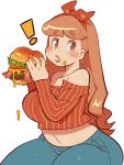  ! 1girl bacon bangs blue_pants blush bow brown_hair cheese cowboy_shot crop_top eating eyebrows_visible_through_hair food food_on_face hair_bow hairband hamburger highres holding holding_food lettuce long_hair long_sleeves meat midriff navel off-shoulder_shirt off_shoulder original pants plump red_bow red_eyes red_hairband red_nails red_shirt sanjiro_(tenshin_anman) shirt simple_background solo striped striped_shirt thick_thighs thighs tomato white_background 