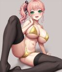  1girl bang_dream! bikini black_ribbon blush breasts cameltoe collarbone commission covered_nipples green_eyes grey_background hair_ribbon hand_up huge_breasts knee_up lambda_(kusowarota) long_hair looking_at_viewer navel no_shoes open_mouth pink_hair ribbon shiny_skin side_ponytail simple_background skeb_commission solo stomach swimsuit thighs uehara_himari yellow_bikini 