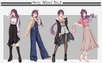  4girls alternate_costume alternate_hairstyle bag black_legwear gundou_mirei hair_ornament highres jacket multiple_girls nijisanji purple_hair rai_(newtype_xm-x1) virtual_youtuber 