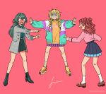  3girls blonde_hair blue_overskirt blue_skirt blush braid brown_hair commentary cropped_jacket english_commentary facing_another fujita_kotone full_body gakuen_idolmaster green_hair hair_flaps hanami_saki hatsuboshi_gakuen_school_uniform highres idolmaster jacket jennie_congee kneepits meme multiple_girls nose_blush outstretched_arms pink_jacket pointing pointing_at_another pointing_spider-man_(meme) school_uniform signature skirt tears tsukimura_temari turn_pale twin_braids twitter_username two_side_up 