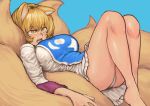  absurdres animal_ears ass bare_legs barefoot blonde_hair blue_background breasts chanta_(ayatakaoisii) dress eyebrows_visible_through_hair fangs fox_ears fox_tail from_side highres knees_up large_breasts looking_ahead lying multiple_tails on_back open_mouth panties pantyshot short_hair simple_background sitting_on_tail slit_pupils tail teeth thighs tongue touhou unaligned_ears underwear yakumo_ran yellow_eyes 