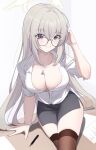  1girl absurdres alternate_costume black_skirt blue_archive breasts cleavage commentary from_above glasses grey_hair halo highres kurochomo large_breasts looking_at_viewer office_lady on_table paper purple_eyes sakurako_(blue_archive) shirt sitting skirt smile solo table thighs white_background white_shirt zettai_ryouiki 
