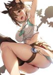 1girl arm_up armpits atelier_(series) atelier_ryza atelier_ryza_2 bangs belt blush breasts brown_belt brown_eyes brown_gloves brown_hair brown_legwear choker cleavage exe_(xe) gloves hat large_breasts leather leather_belt leather_gloves looking_at_viewer open_mouth partially_fingerless_gloves red_shorts reisalin_stout round-bottom_flask short_hair short_shorts shorts simple_background single_thighhigh smile solo thighhighs white_background white_headwear 