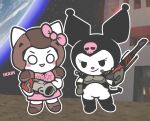 2025 4chan anthro armor arnkleblarn black_hood bow_ribbon breasts chibi clothing crossover demon domestic_cat duo earth english_text epic_games felid feline felis female fur gun hi_res holding_object holding_ranged_weapon holding_weapon id_software kuromi lagomorph leporid looking_at_viewer mammal microsoft moot onegai_my_melody pink_clothing pink_shirt pink_topwear planet quake rabbit ranged_weapon ranger_(quake) rocket_launcher sanrio shirt small_breasts space standing text topwear tower unreal_(series) weapon white_body white_fur