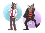  2020 4:3 aggressive_retsuko angry belt black_nose blush bottomwear clothing eclipsewolf fangs footwear frown haida hand_in_pocket hand_on_neck head_tuft hyaenid jacket looking_down looking_up male mammal necktie pants pattern_clothing pattern_shirt pattern_topwear pockets sanrio shirt shoes simple_background smile spots spotted_hyena standing striped_clothing striped_shirt striped_topwear stripes teeth topwear tucked_shirt tuft walking watermark 