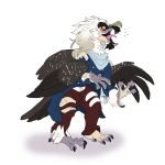  1:1 2018 accipitriform avian beak bird bottomwear brown_body brown_feathers clothing feathered_wings feathers hi_res open_mouth pants red_sclera scarf shirt silverclaw1 simple_background solo standing talons topwear torn_clothing transformation vulture white_background white_body white_feathers wings yellow_eyes 