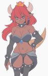  2019 absurd_res abysswatchers alternate_species armwear bowser bowsette_meme breasts clothing crossgender crown dark_skin ear_piercing ear_ring female hair hi_res horn horned_humanoid humanoid humanoid_pointy_ears humanoidized legwear long_hair mario_bros meme navel nintendo not_furry piercing red_eyes red_hair simple_background solo super_crown video_games 