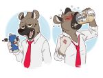  2020 4:3 aggressive_retsuko alcohol anthro beer beverage black_nose blush brown_body brown_fur chugging claws clothing drinking drunk eclipsewolf fangs fur gesture haida half-closed_eyes holding_object hyaenid male mammal narrowed_eyes necktie open_mouth pointing rolled_up_sleeves sanrio shirt simple_background soda solo spots spotted_hyena substance_intoxication teeth tongue topwear vein 