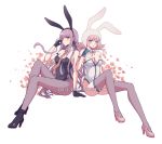  2girls animal_ears animal_hat ankle_boots bangs bare_shoulders black_gloves black_leotard blue_gloves blunt_bangs blush boots bow braid breasts choker cleavage collarbone commentary criis-chan danganronpa danganronpa_1 eye_contact eyebrows_visible_through_hair fake_animal_ears fingerless_gloves fishnet_legwear fishnets flipped_hair flower full_body gloves hair_ornament hairclip hand_in_hair hand_on_floor hat high_heel_boots high_heels kirigiri_kyouko knee_up large_breasts leotard long_hair looking_at_another medium_breasts medium_hair mole mole_on_breast multiple_girls nanami_chiaki necktie pantyhose petals pink_eyes pink_hair playboy_bunny pom_pom_(clothes) purple_hair red_flower red_rose rose side_braid sidelocks sitting super_danganronpa_2 symbol_commentary thighhighs very_long_hair watermark web_address white_background white_leotard 